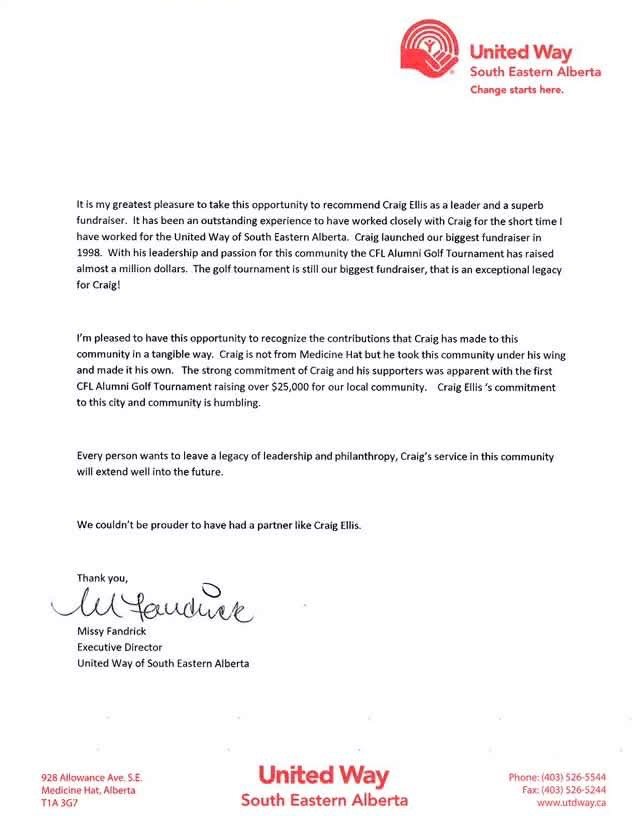 Letter from United Way of South Eastern Alberta